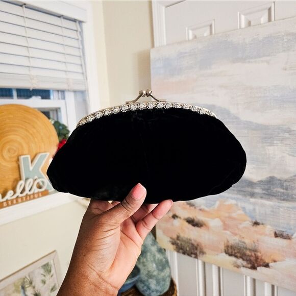 VTG Black Velvet Cocktail Clutch | Rhinestone Trim & Kiss Lock Closure - Picture 4 of 15